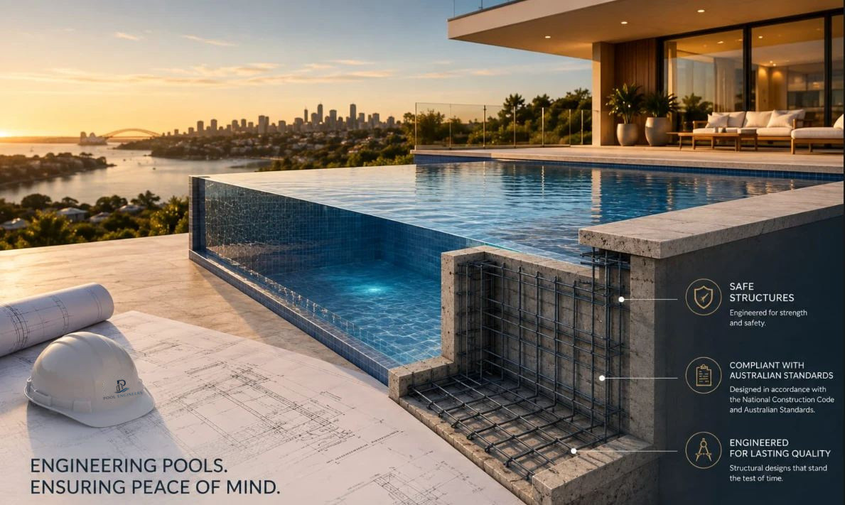 Engineered pool shell shown in cutaway, with reinforcement, alongside a hard hat and structural drawings
