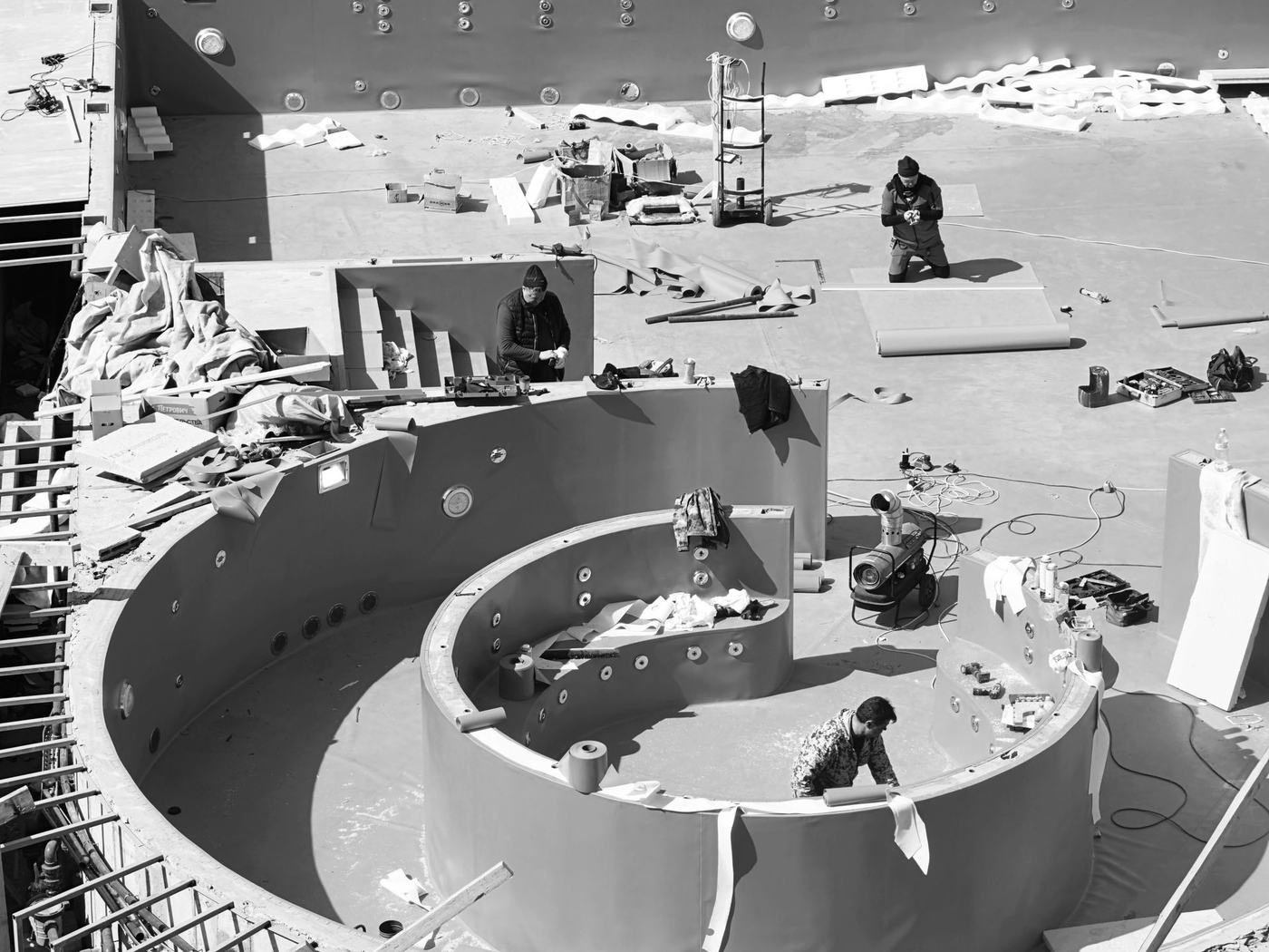 Pool shell under construction, showing structural reinforcement