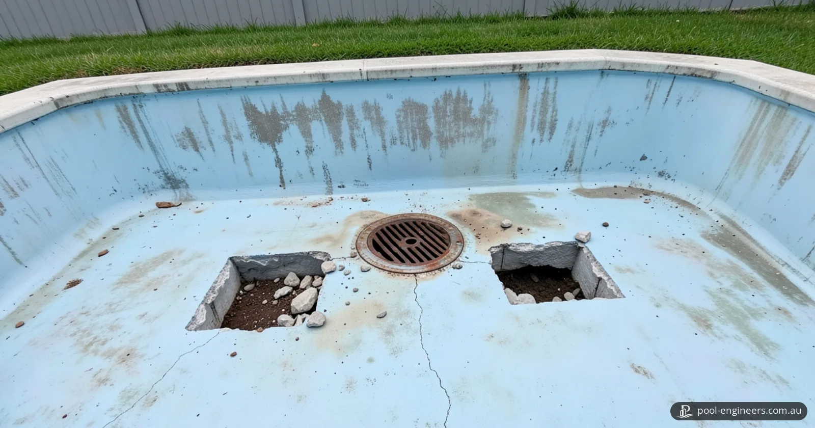 The deep end of a drained concrete pool with stained pale blue walls: two square holes broken through the floor beside the round main drain, with rough grey concrete edges, loose chunks and soil below, and lawn and a grey fence beyond the coping