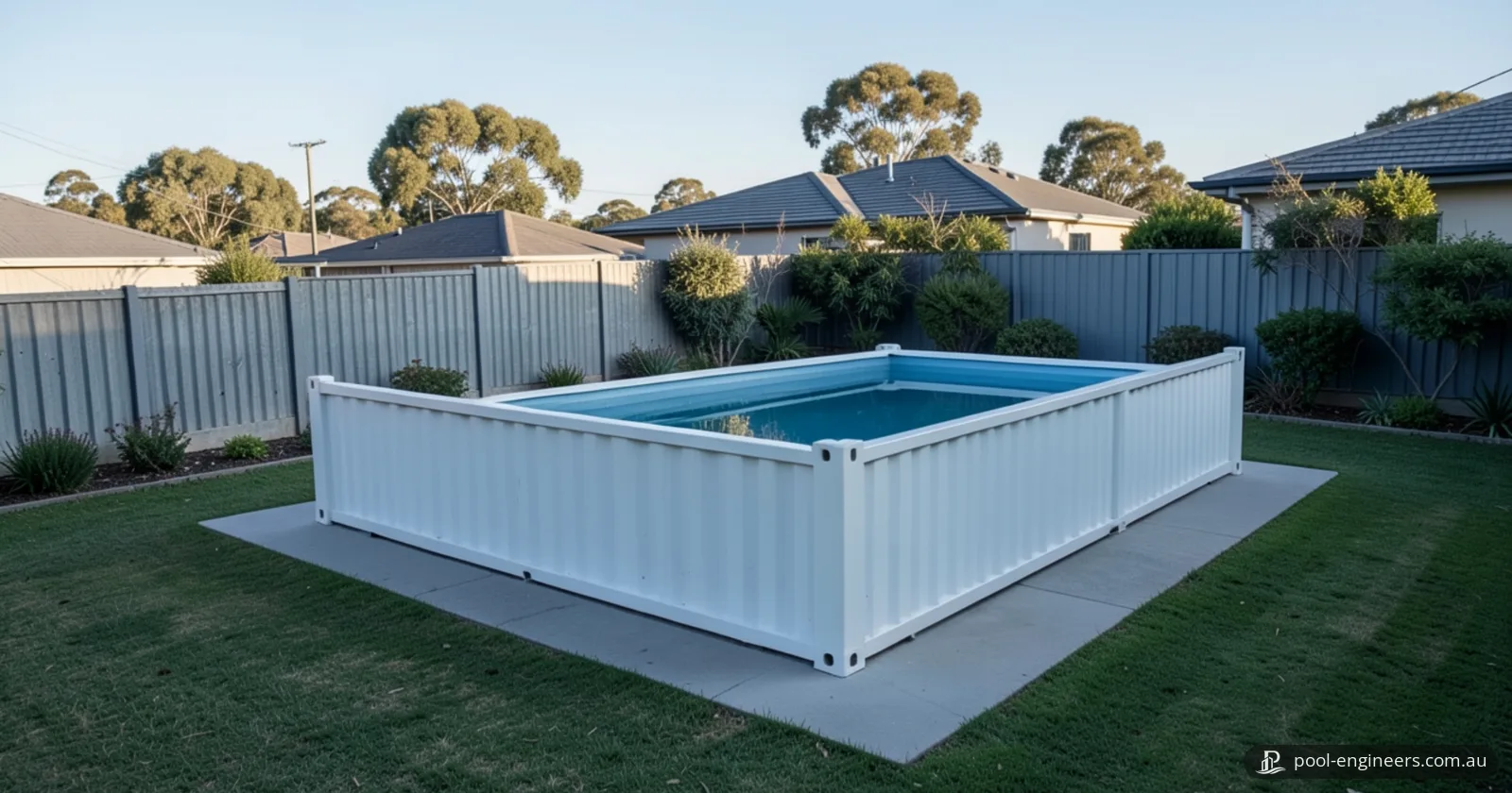 A white corrugated steel shipping container pool filled with blue water, standing above ground on a grey concrete slab in a suburban backyard lawn, with a grey steel fence, shrubs and house roofs behind