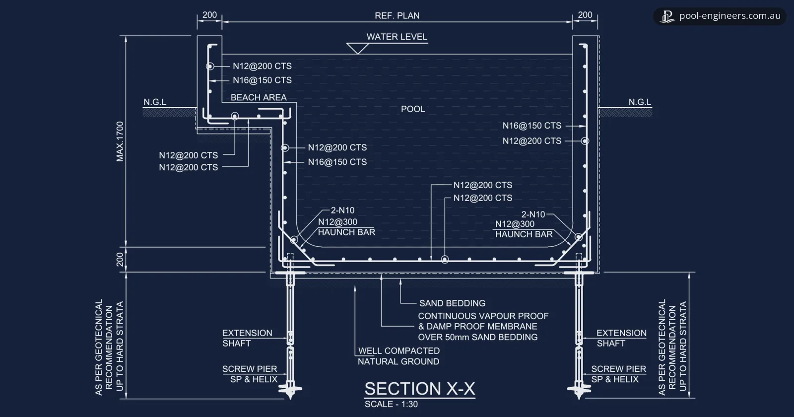 Section X-X of a reinforced concrete pool standing partly above natural ground, with a beach ledge and two screw piers below the deep section, shown as light lines on navy