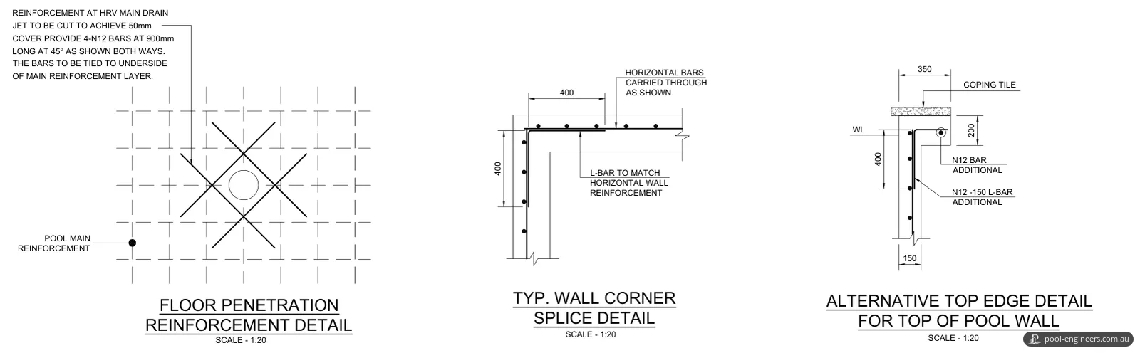 Three reinforcement details: the main drain floor penetration, the splice at a wall corner and an alternative top edge beneath the coping