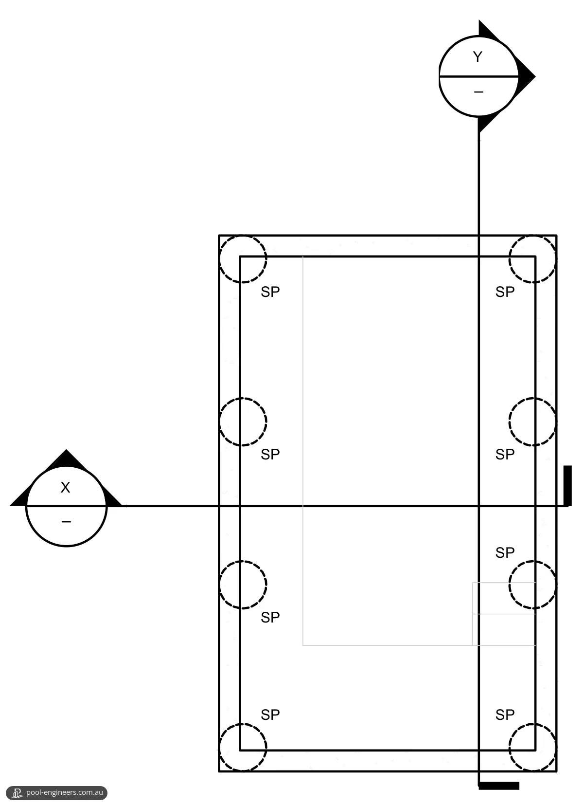Pool layout plan with eight screw piers marked SP along the walls, four down each long side, and the cutting lines for sections X-X and Y-Y