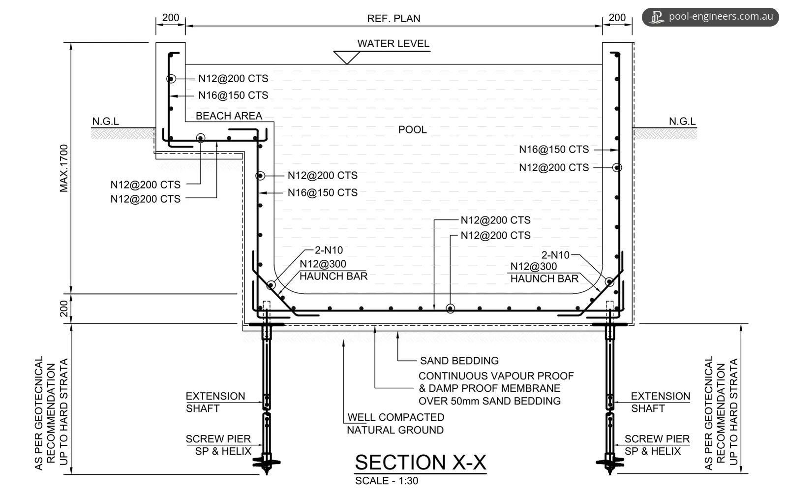 Cross-section X-X through a reinforced concrete pool, with a beach ledge on one side, natural ground level partway up both walls and two screw piers below the deep section