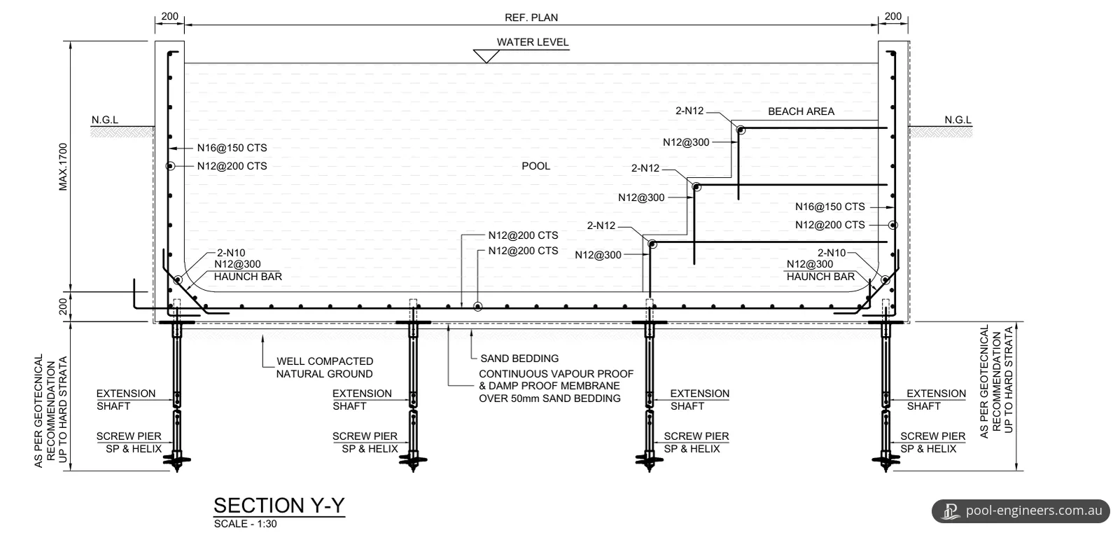 Long section Y-Y through the pool, with steps rising to a beach area at one end and four screw piers below the shell