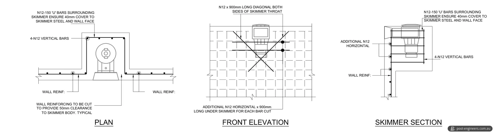 Skimmer box shown in plan, front elevation and section, with the extra bars placed around it in the pool wall