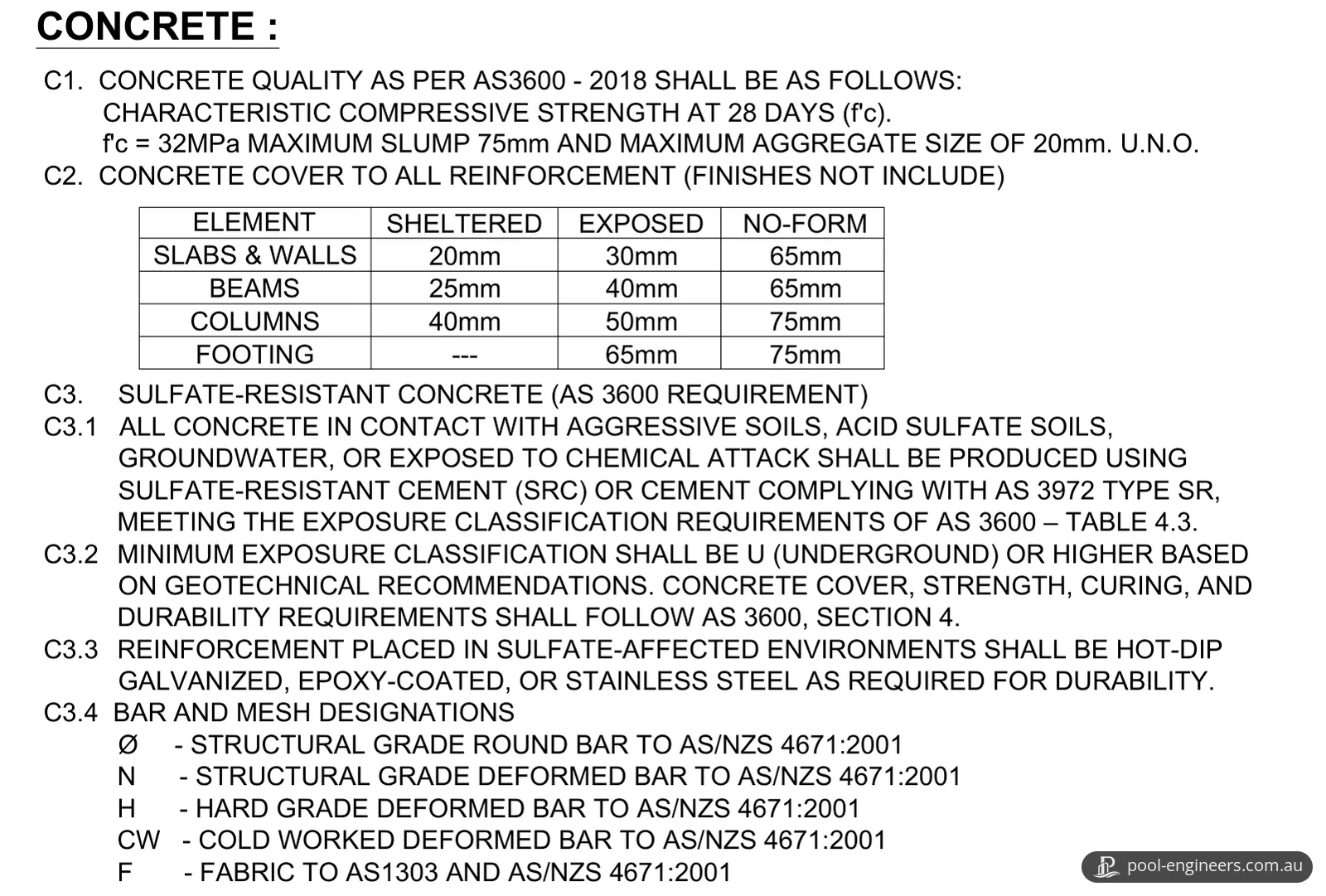 General notes for concrete, with the concrete strength, a cover table, sulfate-resistant concrete requirements and bar designations