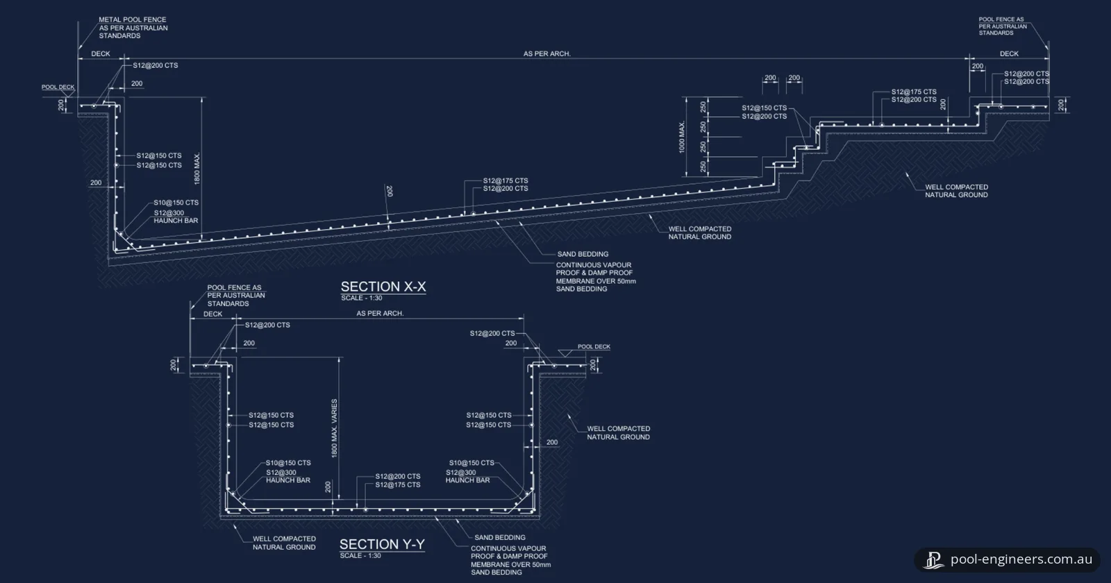 Two sections through a reinforced concrete swimming pool, drawn in light lines on a dark navy background: a long section with the floor sloping from the deep end up to steps at the shallow end, and a cross-section with the deck on both sides