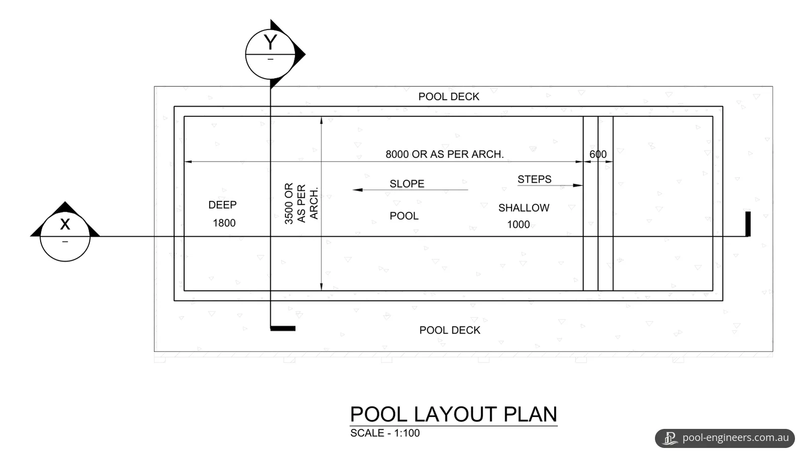 Pool layout plan of a rectangular pool with the deep end on the left, steps at the shallow end, a pool deck around it and section lines X and Y