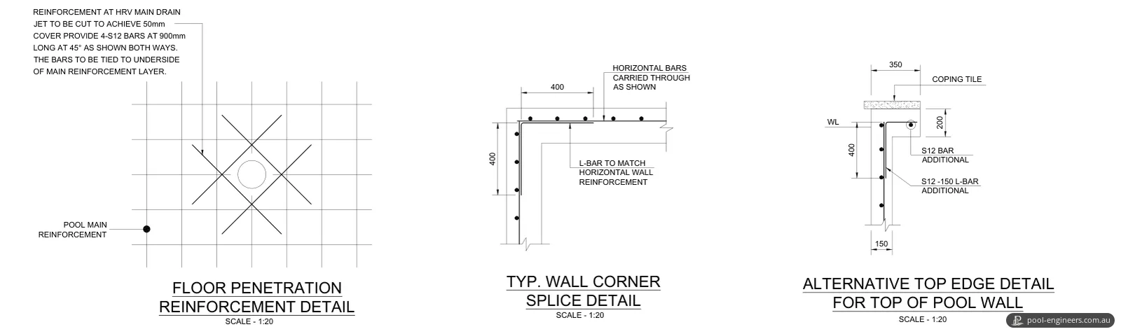 Reinforcement details for a floor penetration, a wall corner splice and an alternative top edge under a coping tile